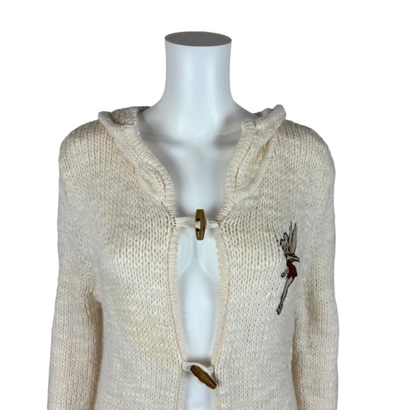 Disney Tinker Bell Duster Sweater Jacket Women's Cream Wool Blend Hooded Wood To - Picture 3 of 10